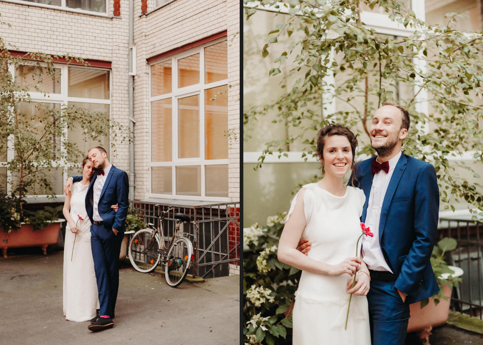 Urbanes Fotoshooting im Hinterhof in Leipzig. Hochzeitsfotograf für unkonventionelle Hochzeit in Leipzig, Halle, Dresden.